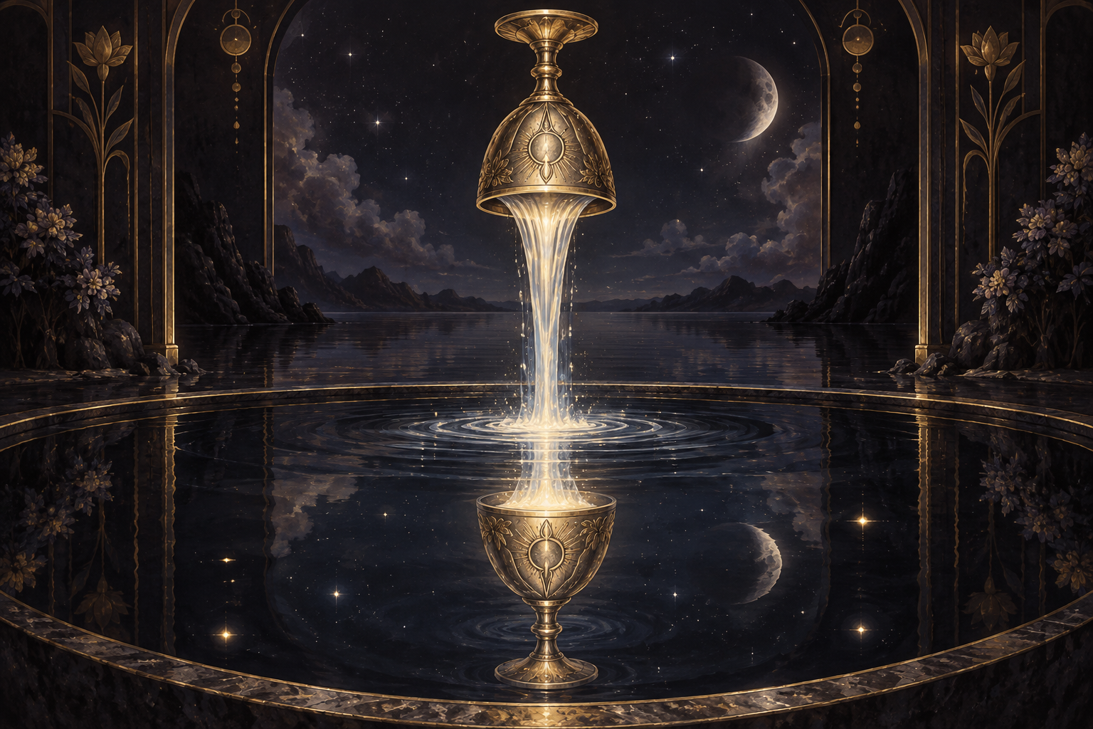 A reversed golden cup pours luminous water into a dark mirrored pool, where its reflection appears upright.