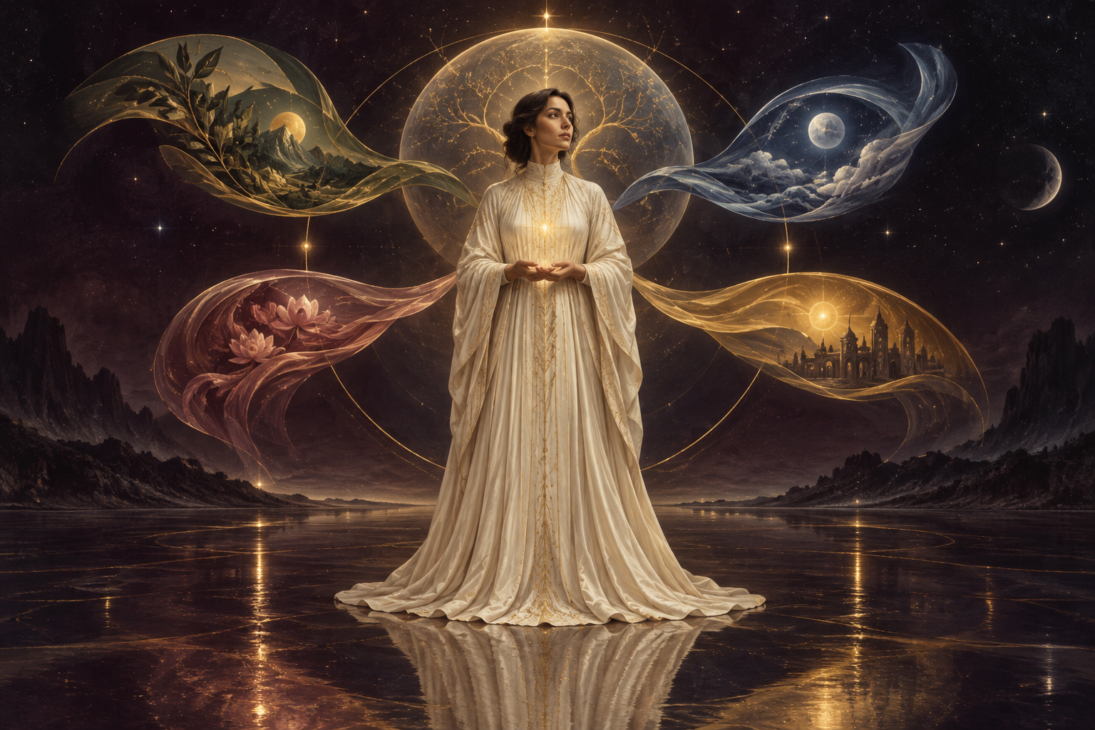 A robed figure surrounded by four luminous currents representing physical, mental, emotional and spiritual wellbeing.