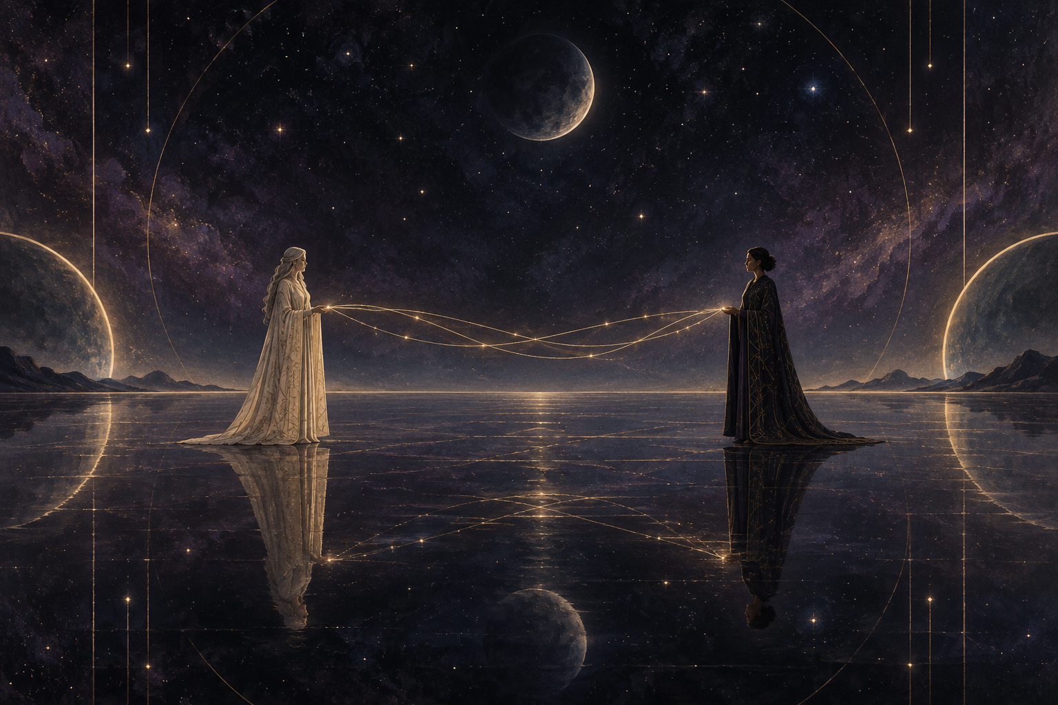 Two luminous figures meet across a mirrored dream-space, connected by threads of gold light.