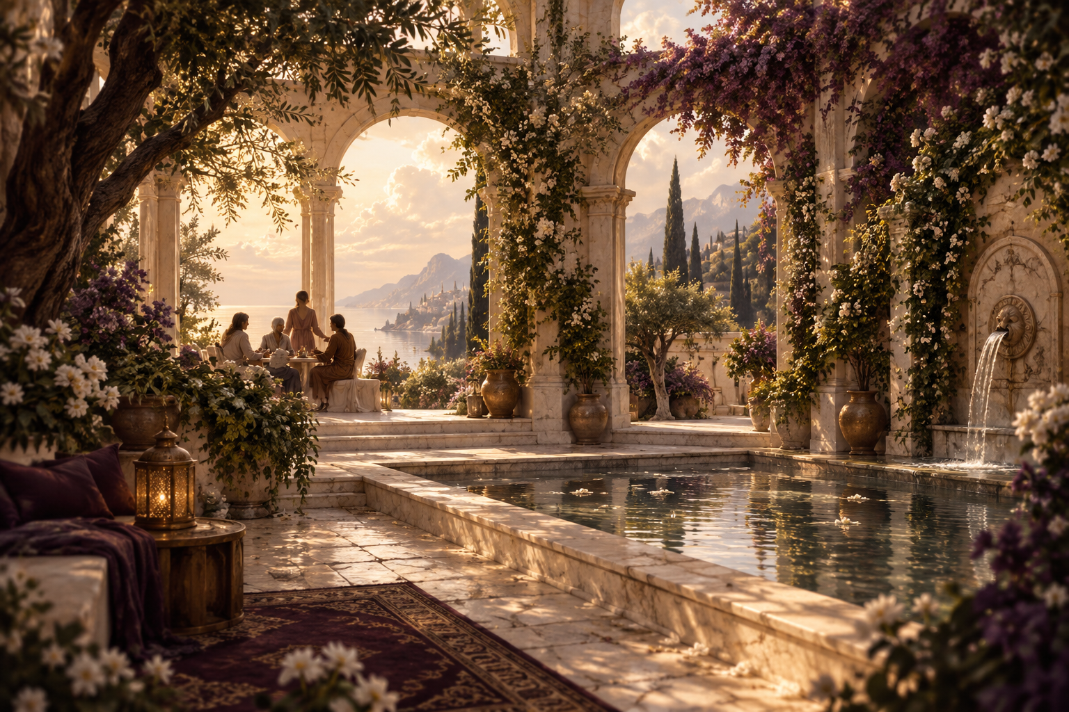 A bright courtyard representing reunion, memory and connection within a vivid dream.