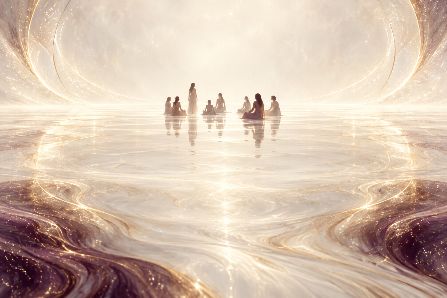 Figures gathered in a luminous dream-space without visible walls or horizon.