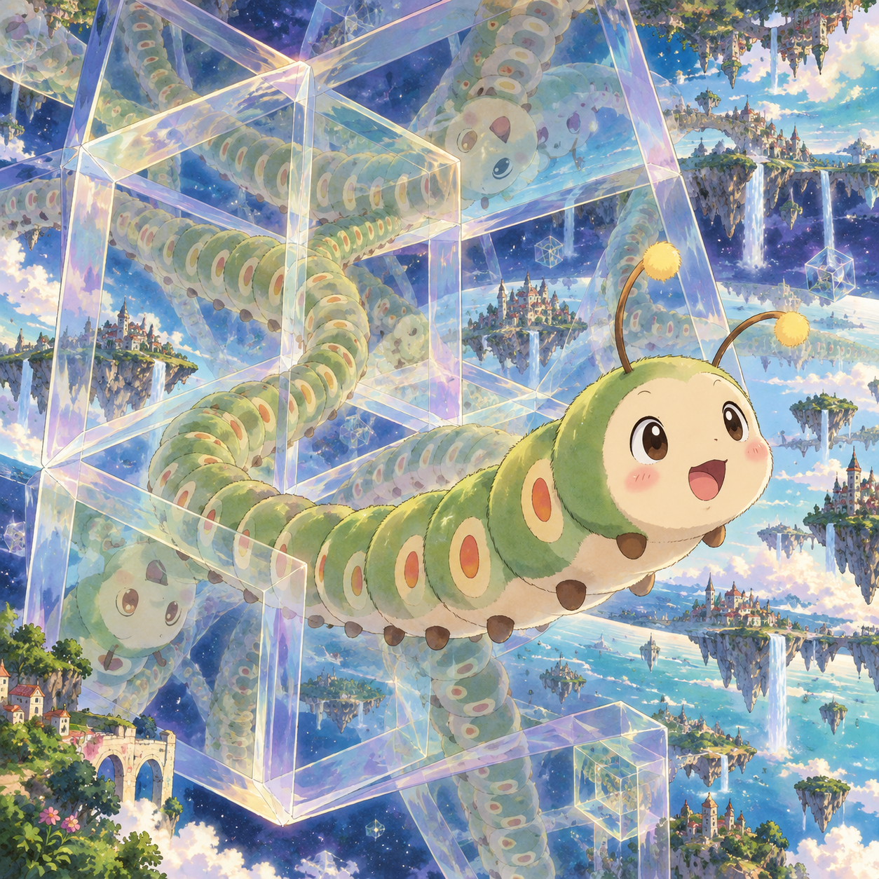A caterpillar illustration offers a visual metaphor for experiencing the fourth dimension and time.