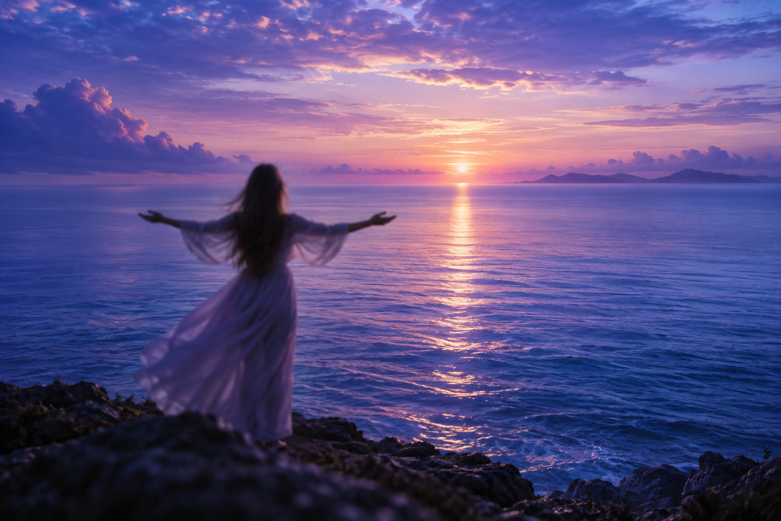 A solitary figure faces the ocean with arms open to the horizon.
