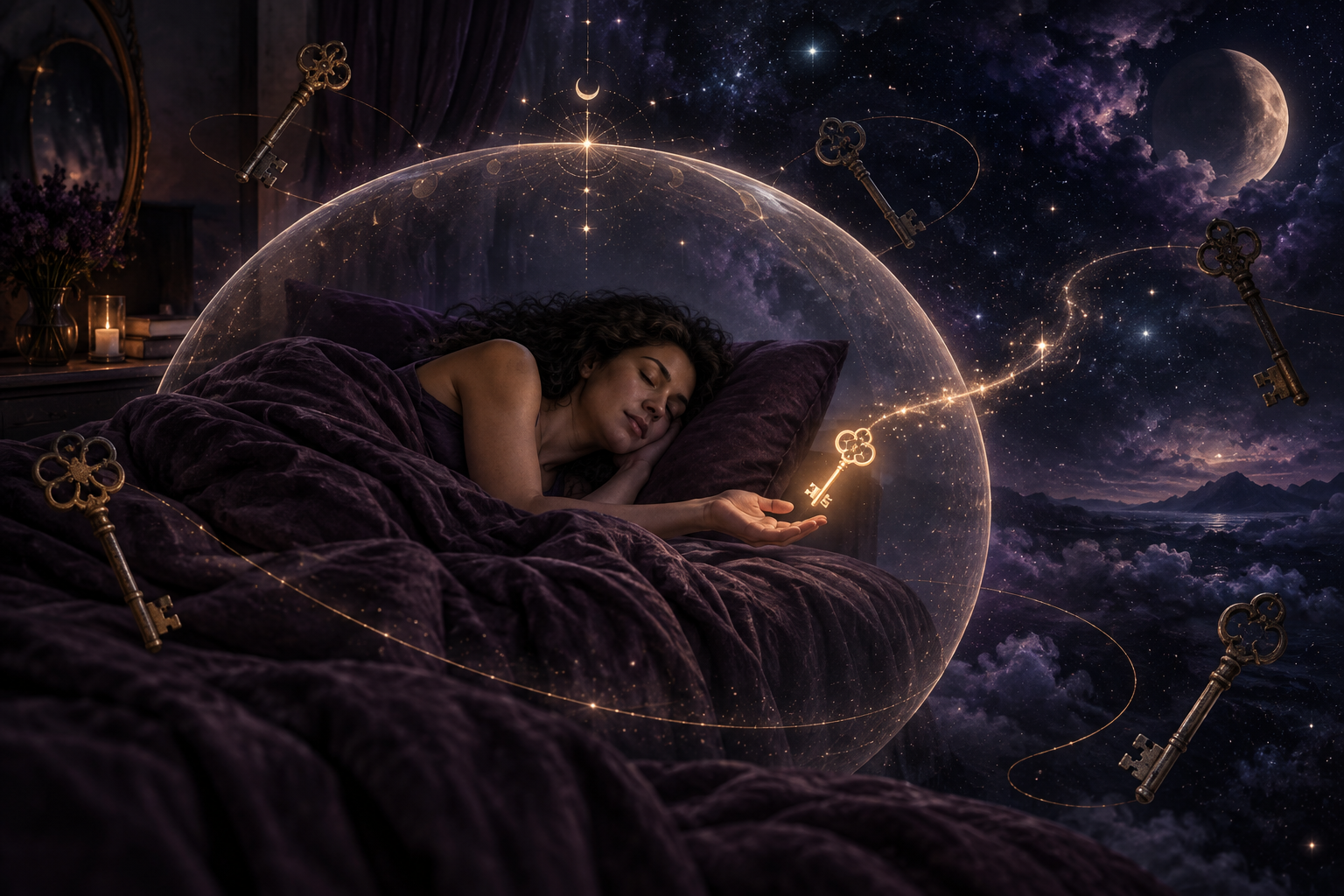 A sleeping figure reclaiming a golden key at the edge of a protective dream boundary.