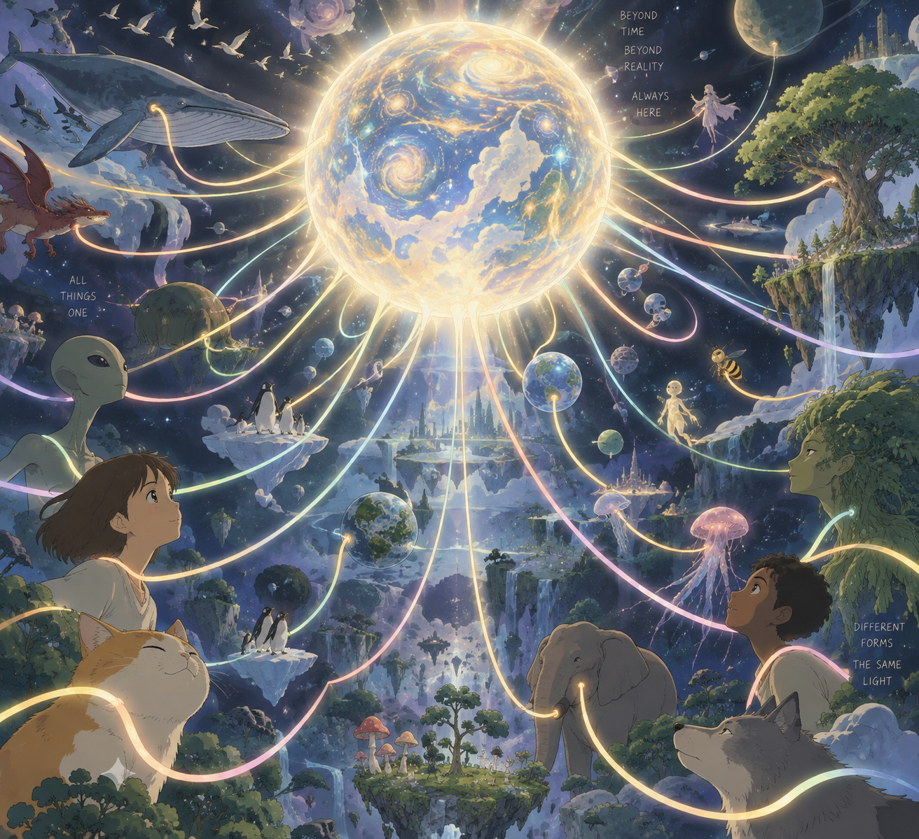 A glowing web of ribbons illustrates Source consciousness connecting all forms of life.